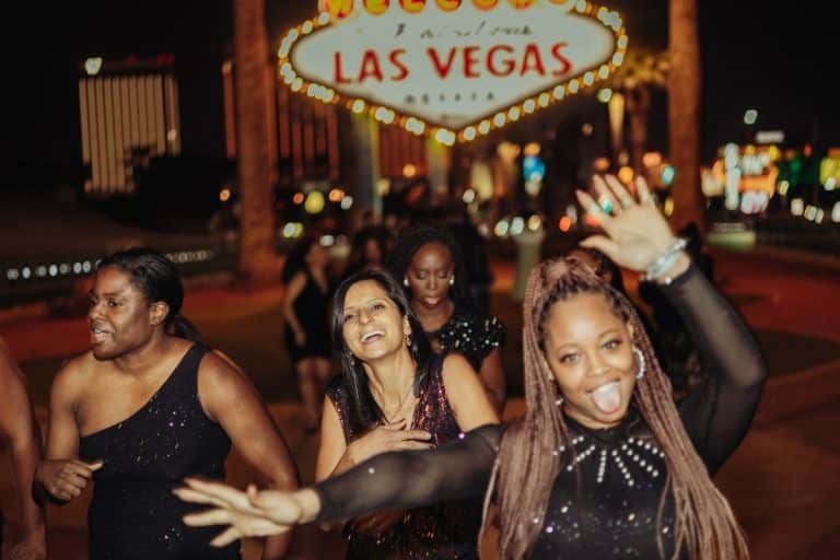 Nightclub on Wheels Party Bus at Las Vegas Sign