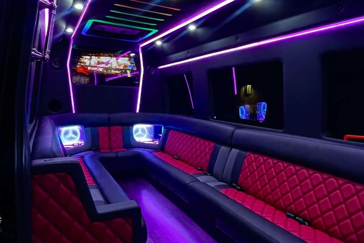 Las Vegas party bus on the Strip at night