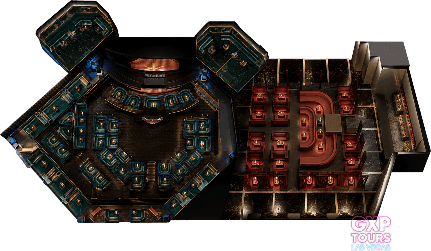 Hakkasan Las Vegas floor layout showing the main room on the left and the Pavilion on the right