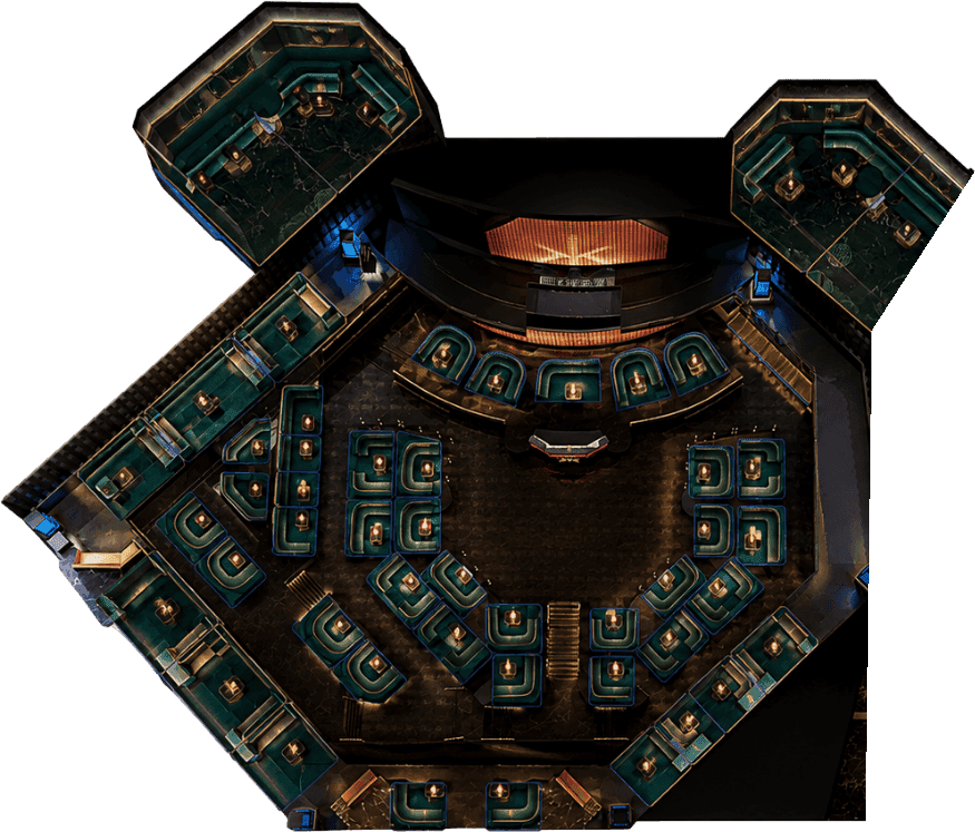 Hakkasan Las Vegas main room table layout with the dance floor, DJ booth, and two balcony sections