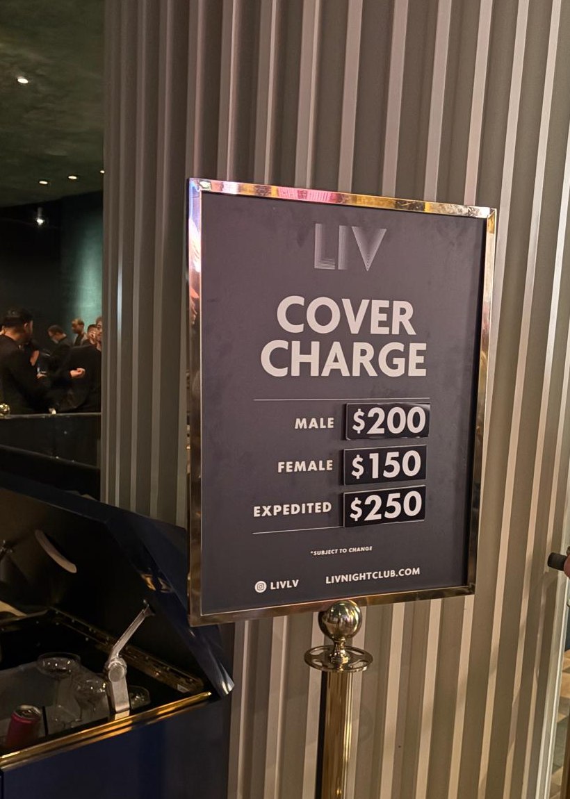 LIV nightclub cover charge sign showing prices at Fontainebleau Las Vegas