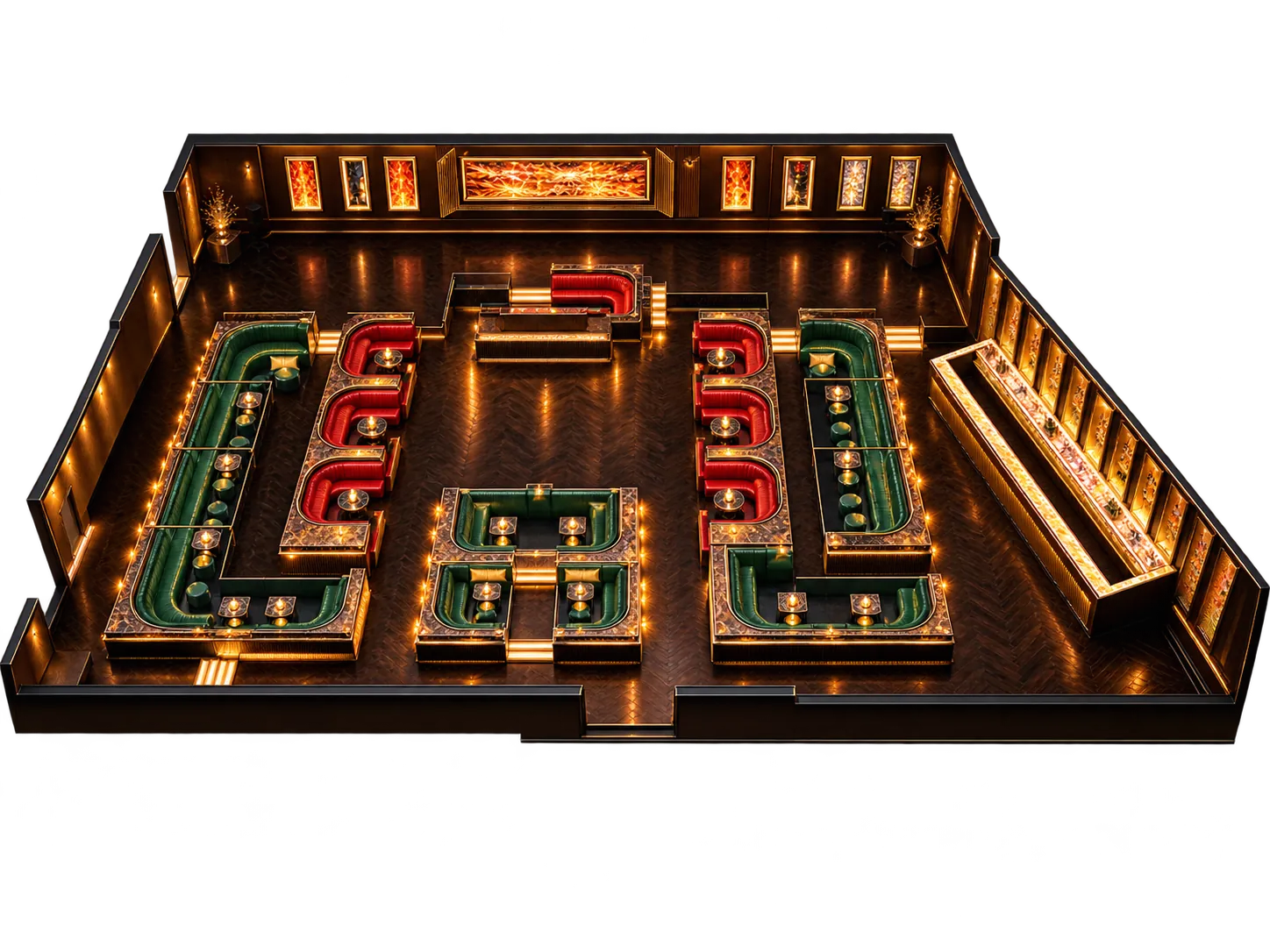 Overhead layout of the Omnia Heart Room showing green and red booths ringing the dance floor with a long bar running down one side