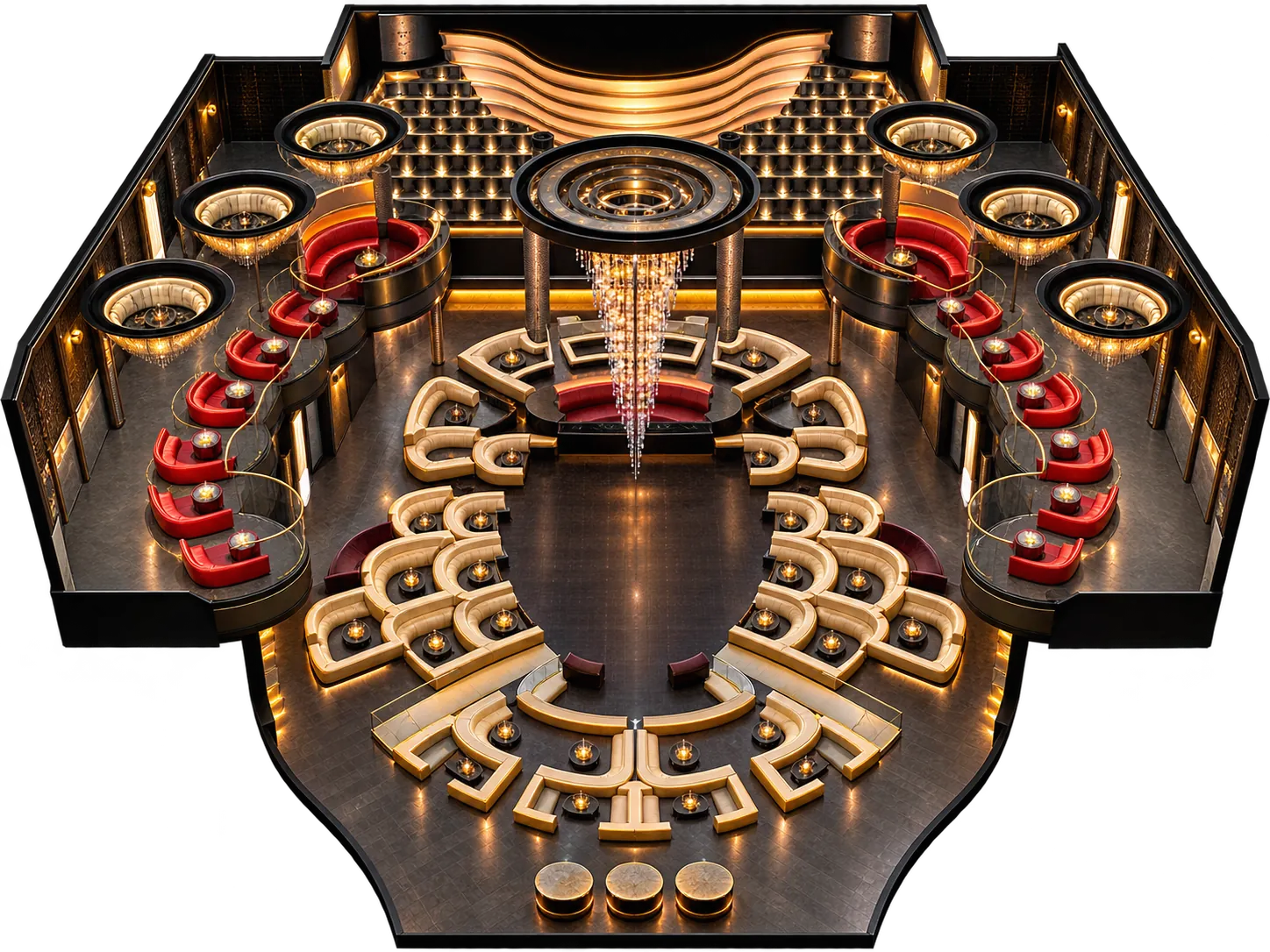 Overhead layout of the Omnia Main Room showing booth positions on the tiered levels around the dance floor, the DJ booth at the top of the room, and the chandelier over the center