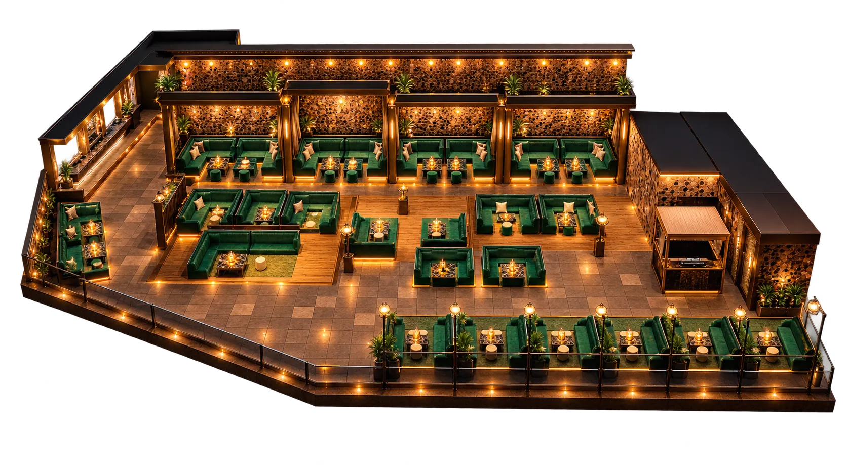 Overhead layout of the Omnia Terrace showing green booths along the back wall, low tables across the open deck, and a rail of seating facing the Las Vegas Strip