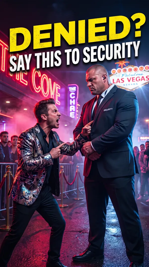 Video thumbnail: Denied? Say this to security, showing a guest arguing with a nightclub bouncer in Las Vegas
