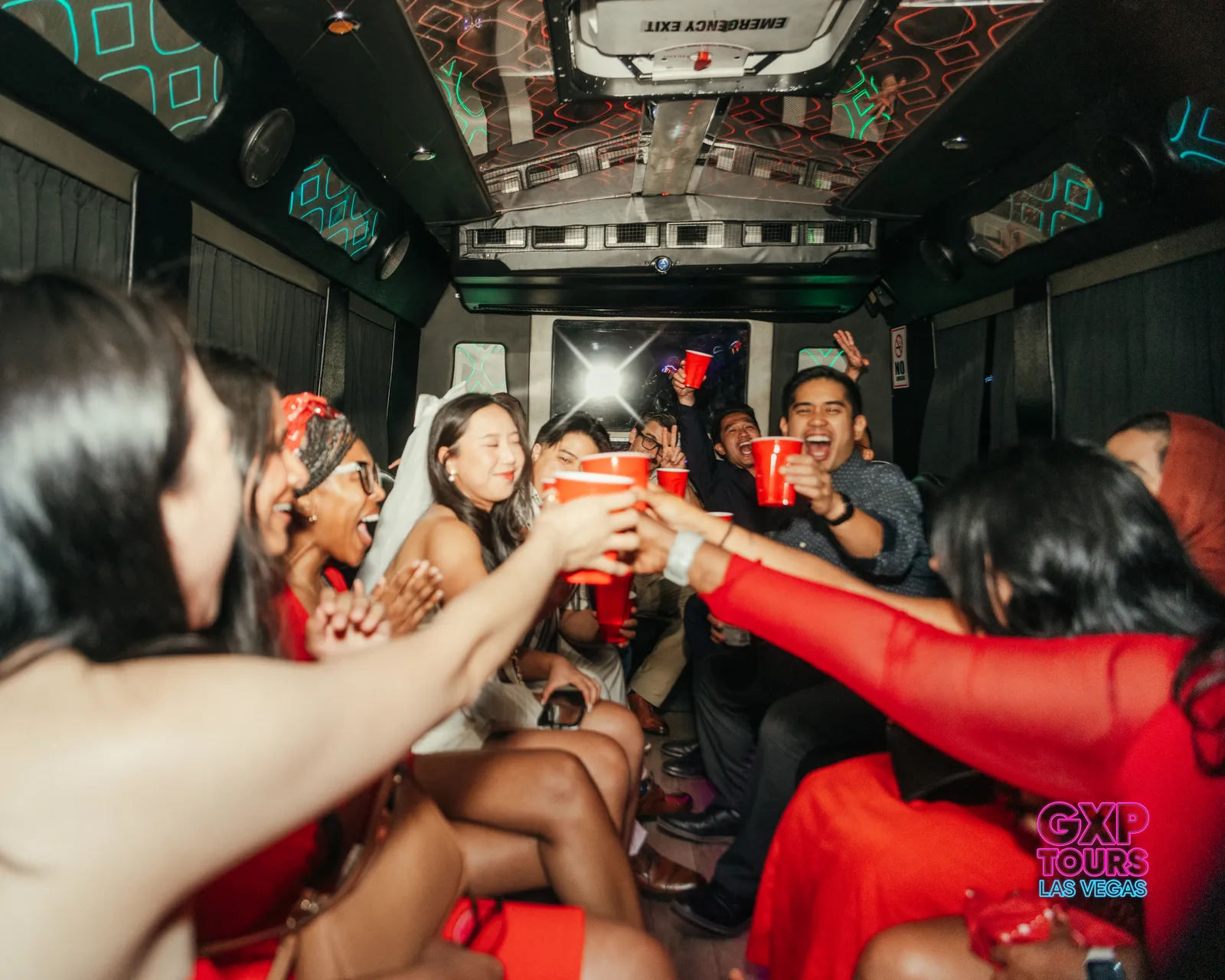 GXP Tours guests on a Nightclub on Wheels night out in Las Vegas