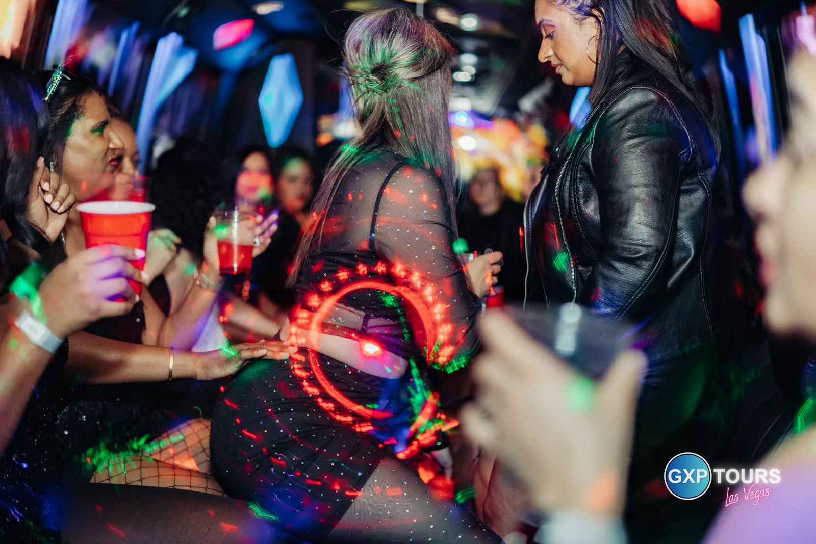 GXP Tours guests on a Nightclub on Wheels night out in Las Vegas