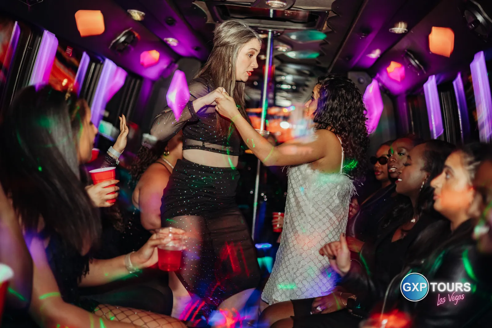 GXP Tours guests on a Nightclub on Wheels night out in Las Vegas