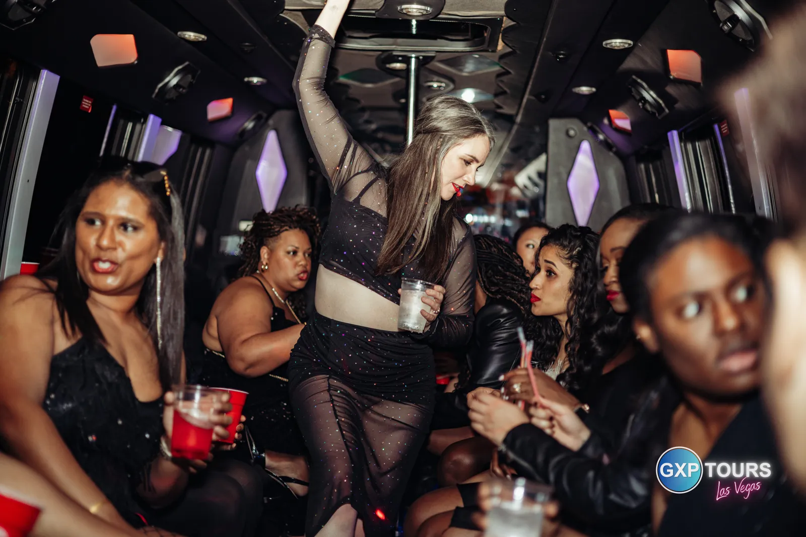 GXP Tours guests on a Nightclub on Wheels night out in Las Vegas