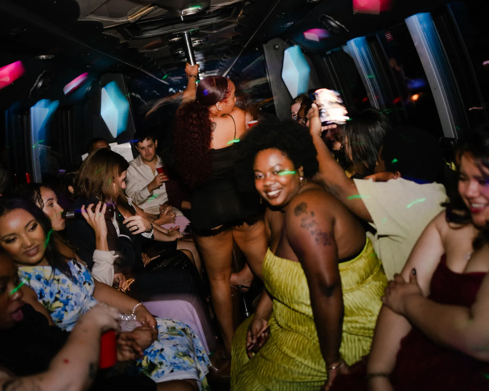 A group enjoying their night on the GXP Tours Nightclub on Wheels