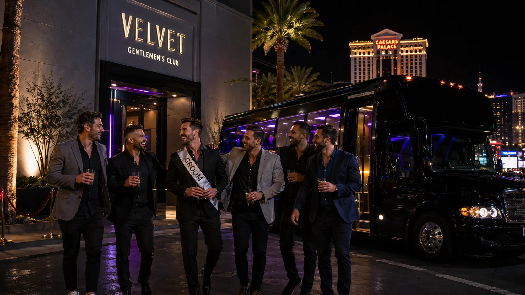A bachelor party group with the groom in a sash stepping off a party bus outside a Las Vegas gentlemen's club at night