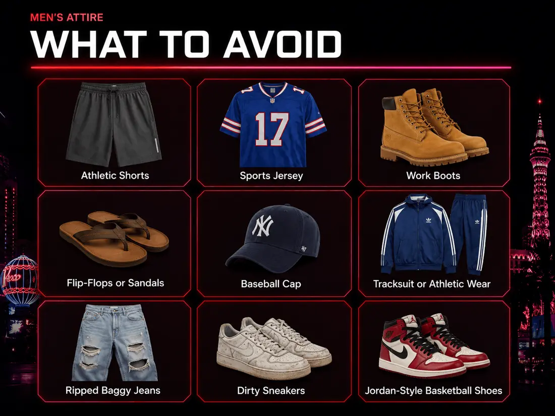 Men's Las Vegas nightclub dress code, what to avoid: athletic shorts, sports jerseys, work boots, flip-flops or sandals, baseball caps, tracksuits and athletic wear, ripped baggy jeans, dirty sneakers, Jordan-style basketball shoes