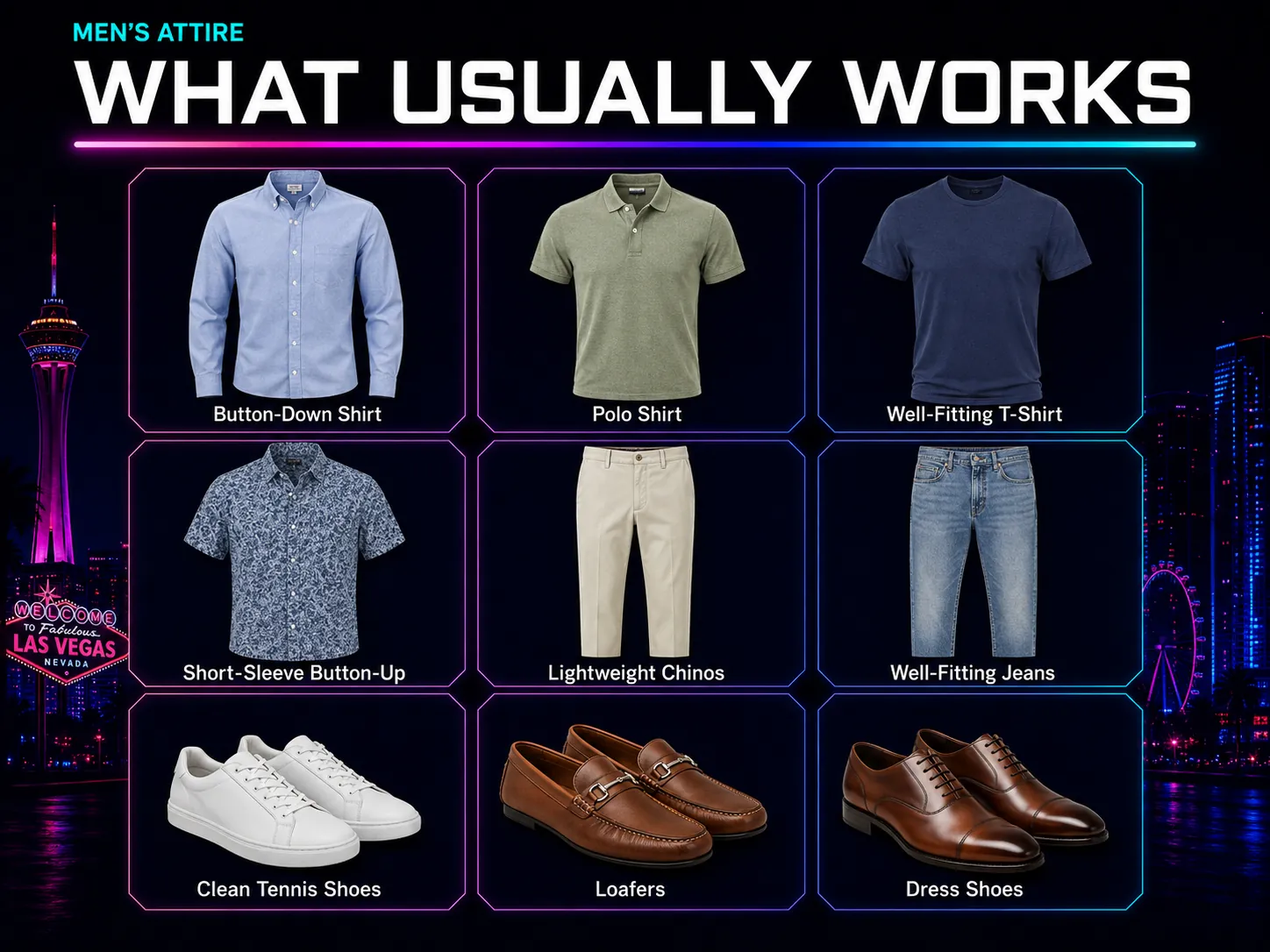 Men's Las Vegas nightclub dress code, what usually works: button-down shirt, polo, well-fitting t-shirt, short-sleeve button-up, lightweight chinos, well-fitting jeans, clean tennis shoes, loafers, dress shoes