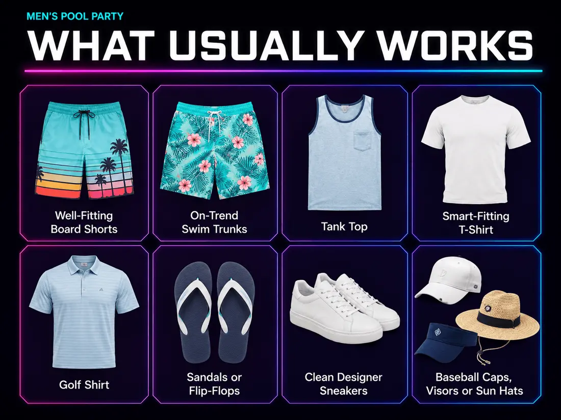 Men's Las Vegas pool party dress code:what usually works: board shorts, swim trunks, tank tops, golf shirts, sandals, clean sneakers, baseball caps