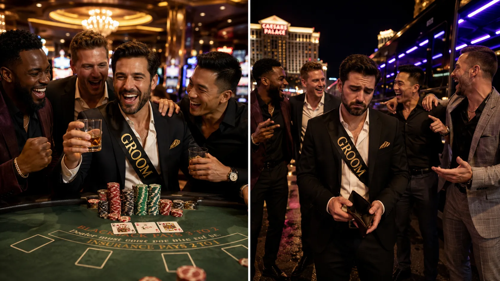 Split image of a groom's bachelor party, winning at blackjack on one side and holding an empty wallet outside on the other