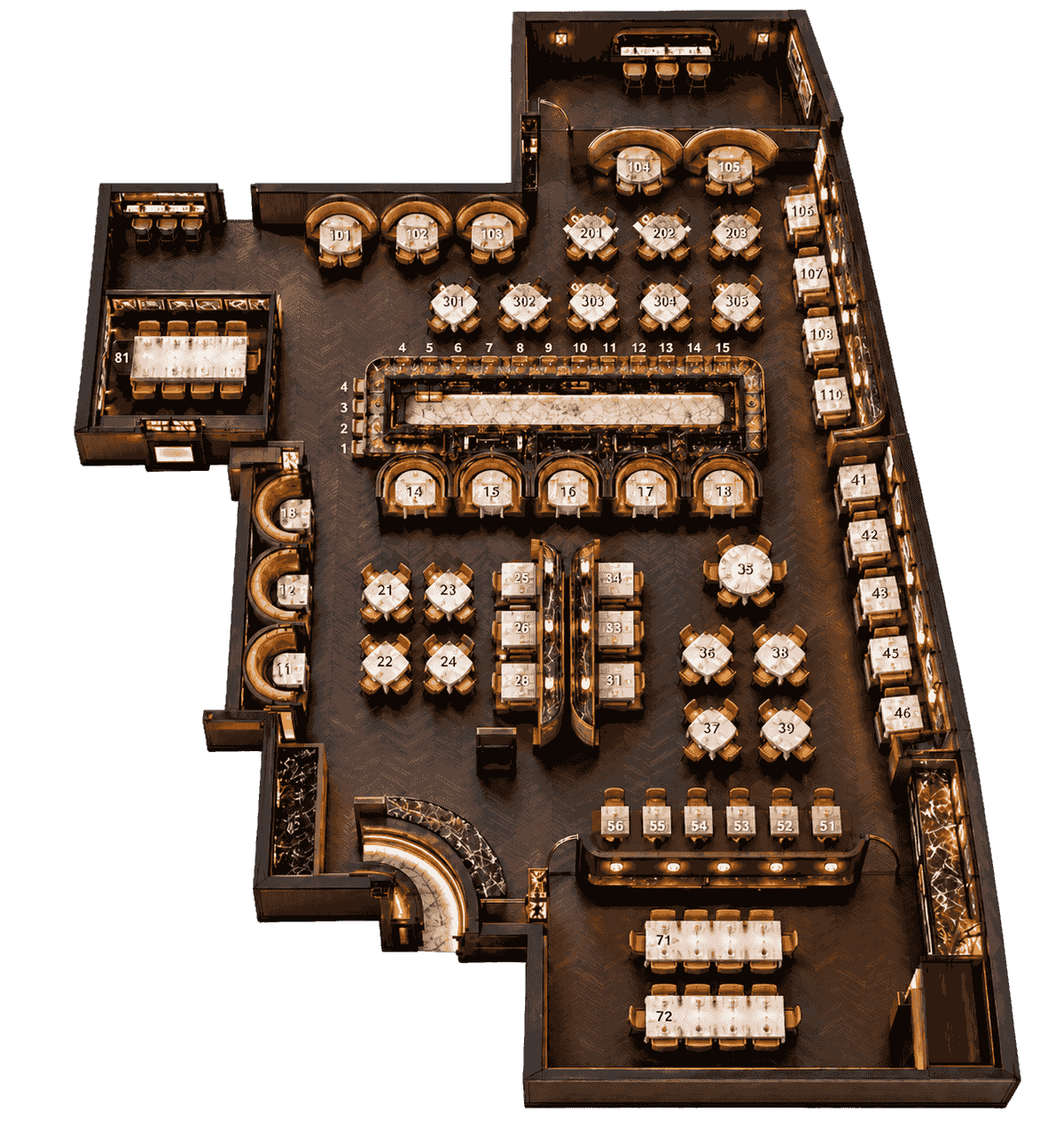 Overhead render of the Scotch 80 Prime dining room showing numbered booths, tables and the two private dining rooms
