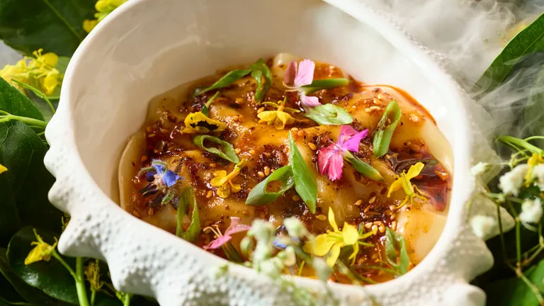 Dumplings finished with chili crunch oil and herbs in a white shell-shaped bowl