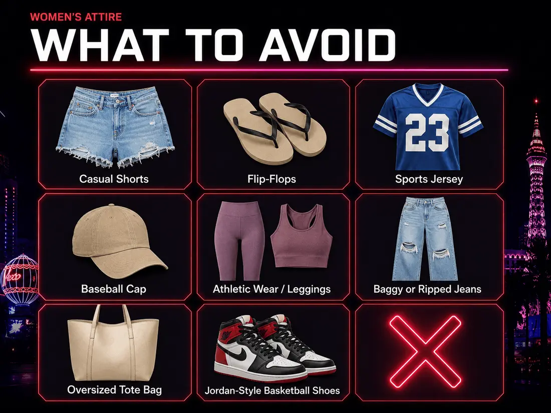 Women's Las Vegas nightclub dress code, what to avoid: casual shorts, flip-flops, sports jerseys, baseball caps, athletic wear and leggings, baggy or ripped jeans, oversized tote bags, Jordan-style basketball shoes