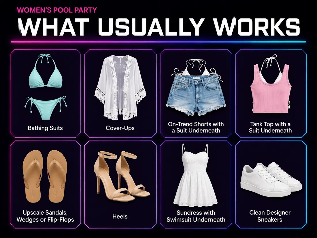 Women's Las Vegas pool party dress code:what usually works: bathing suits, cover-ups, shorts with suit underneath, sundresses, upscale sandals, designer sneakers